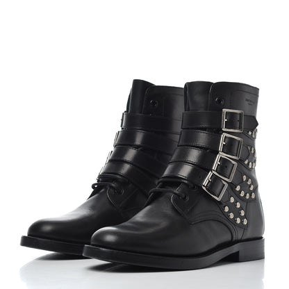 Saint Laurent Smooth Calfskin Studded Strap Rangers Boots 37.5 Black 3 of 16