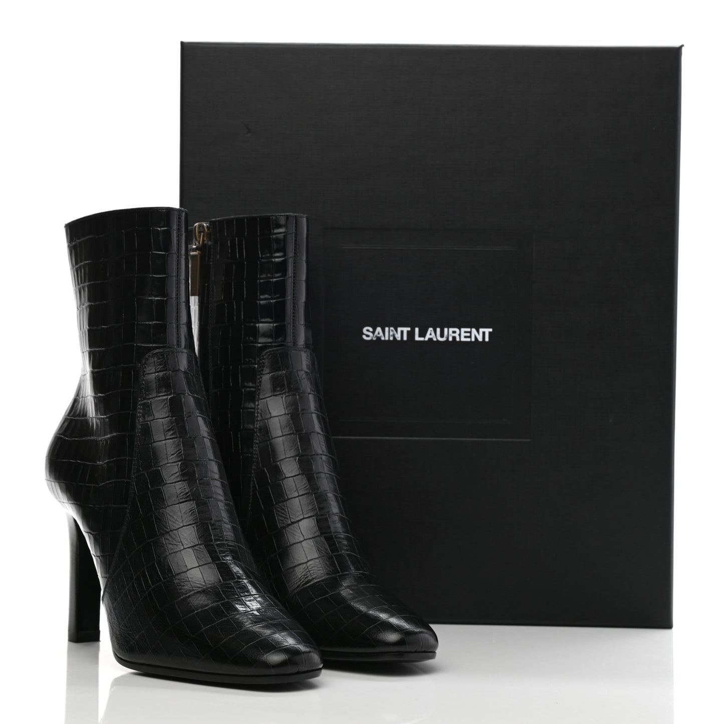 Shiny Crocodile Embossed Jane 90 Zip Booties 39.5 Black