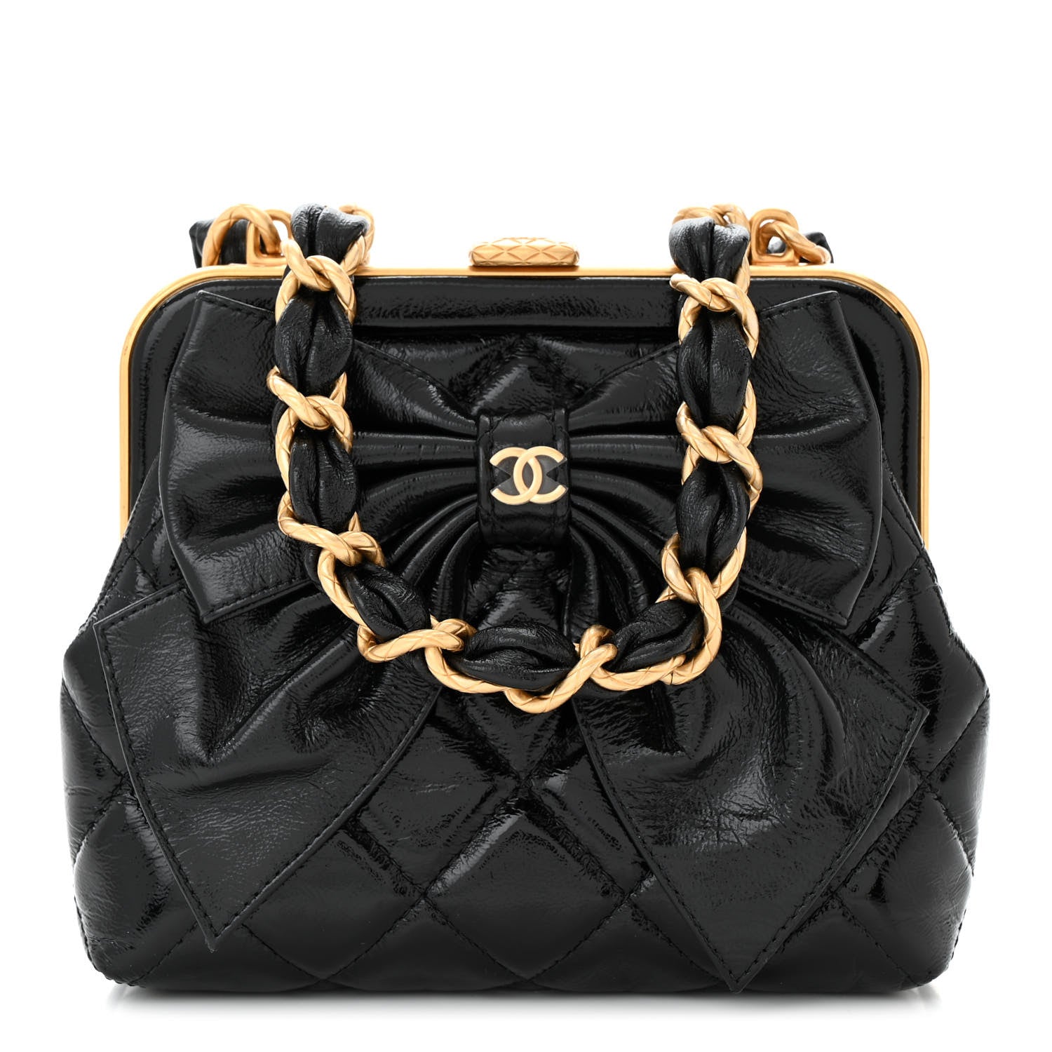 Chanel Patent Crumpled Lambskin Quilted Maxi Bow Clutch With Chain Black 1 of 11