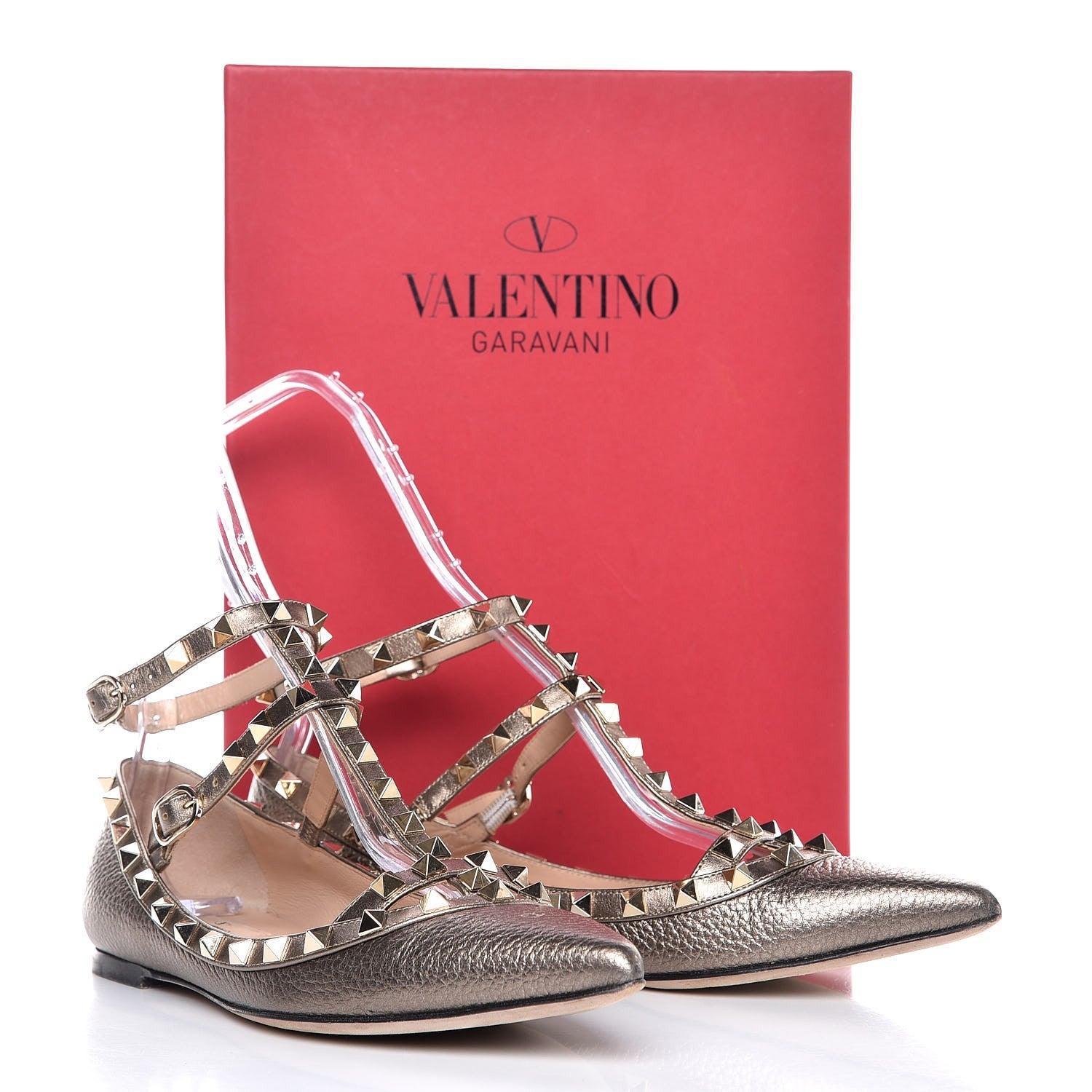 Valentino Garavani Metallic Pebbled Calfskin Rockstud Cage Ballerina Flats 37.5 Sasso 11 of 11
