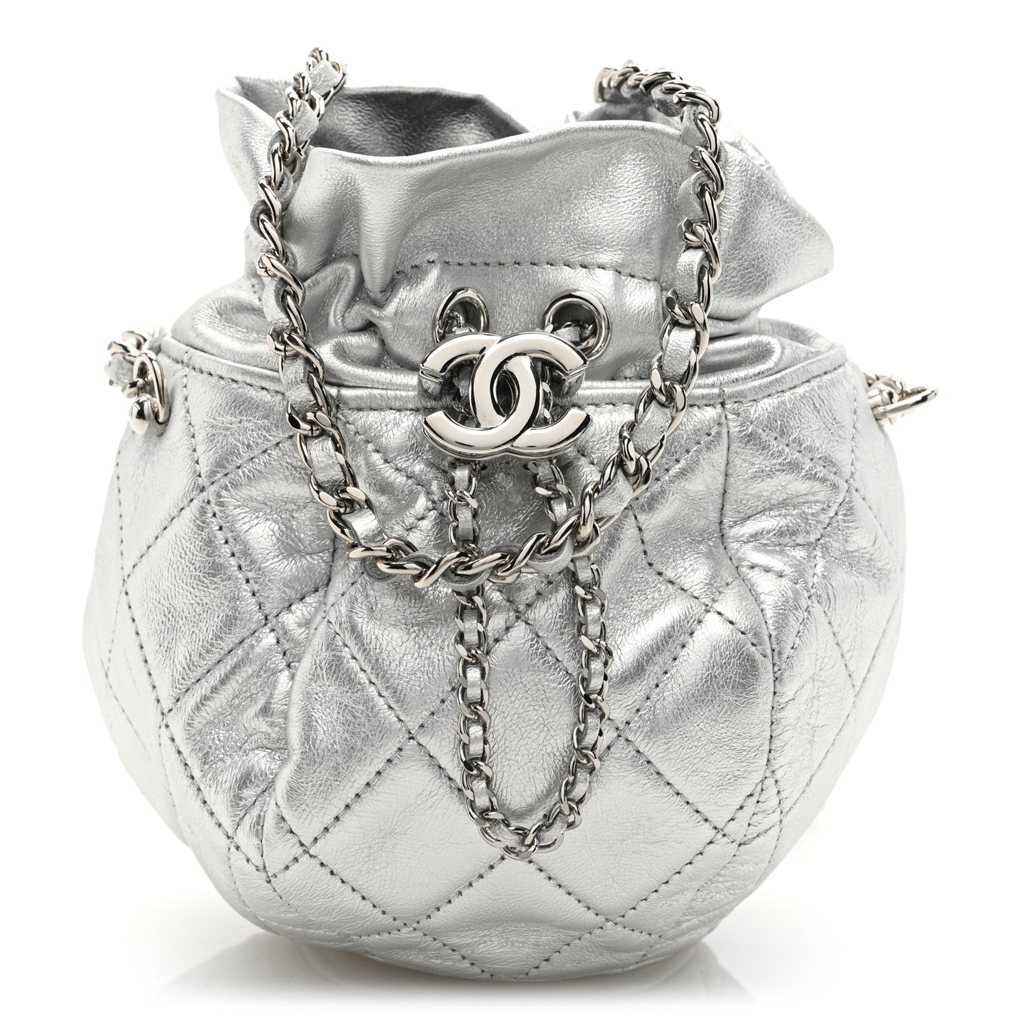 Metallic Aged Calfskin Quilted Small Gabrielle Bucket Silver