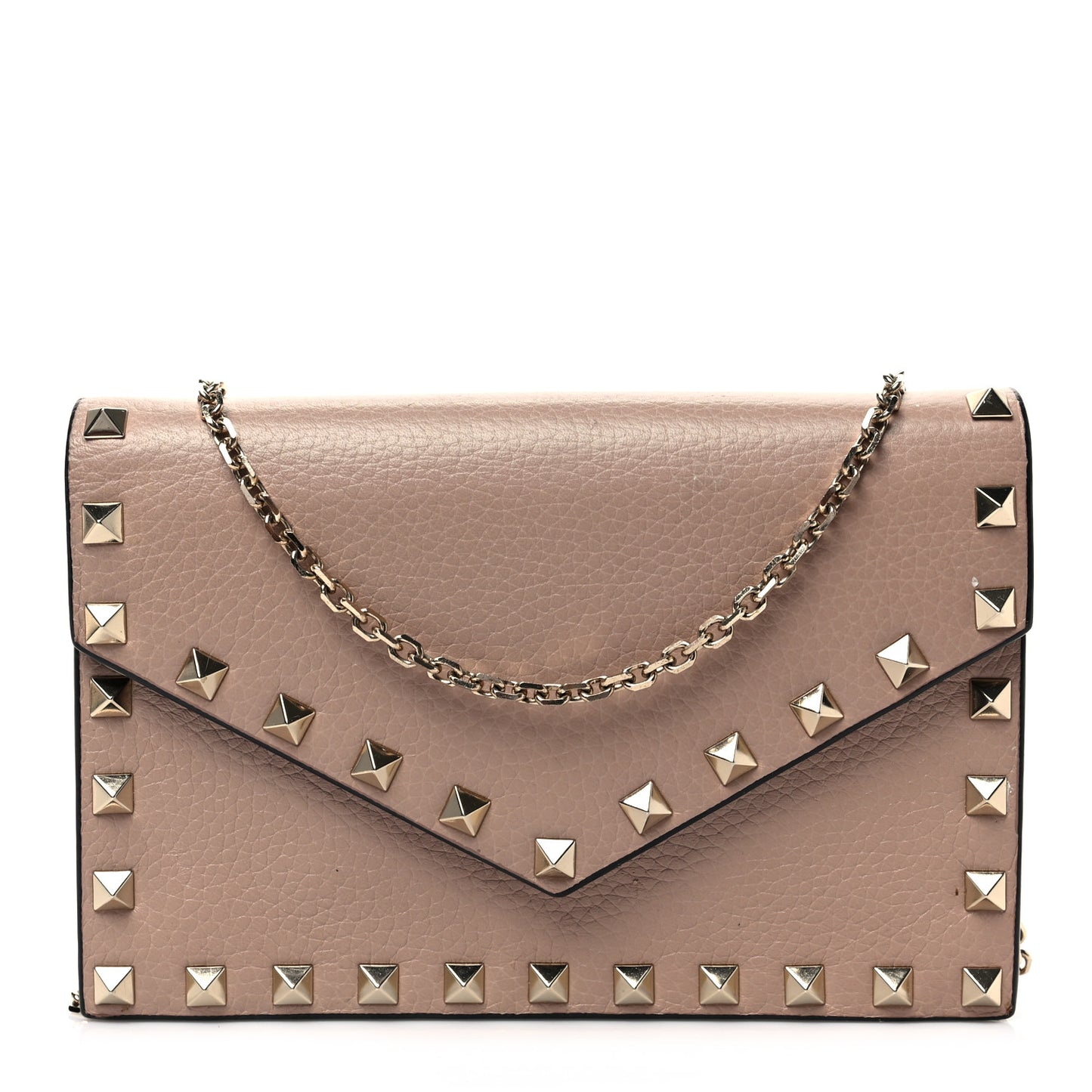 Pebbled Calfskin Rockstud Envelope Wallet on Chain Poudre