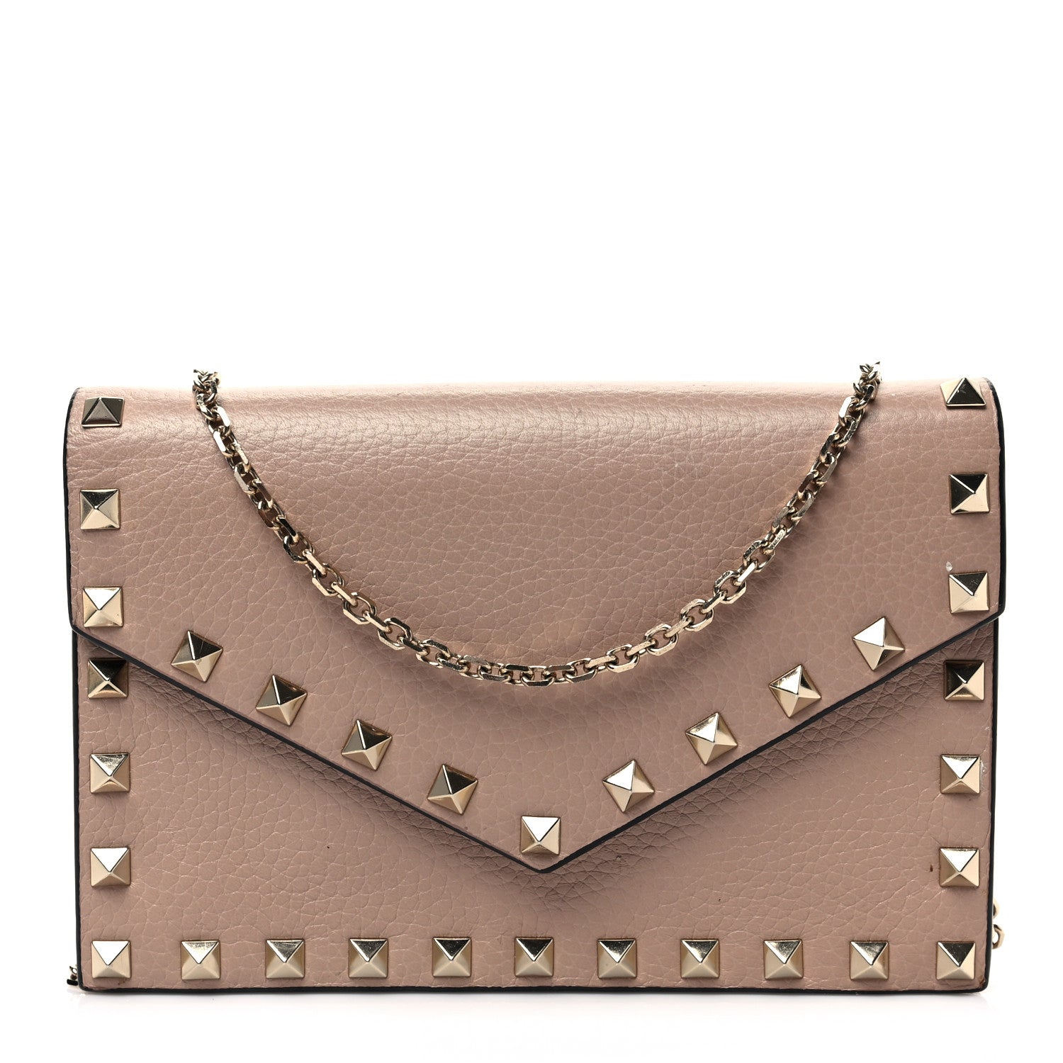 Valentino Garavani Pebbled Calfskin Rockstud Envelope Wallet on Chain Poudre 1 of 8