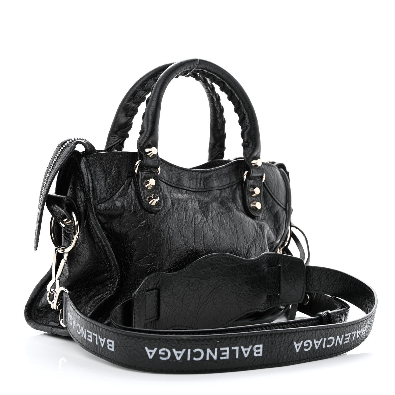 Balenciaga Agneau Classic Silver Hardware Mini City Logo Strap Black White 3 of 11