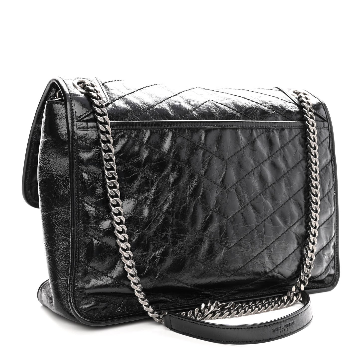 Crinkled Calfskin Matelasse Monogram Large Niki Chain Satchel Black