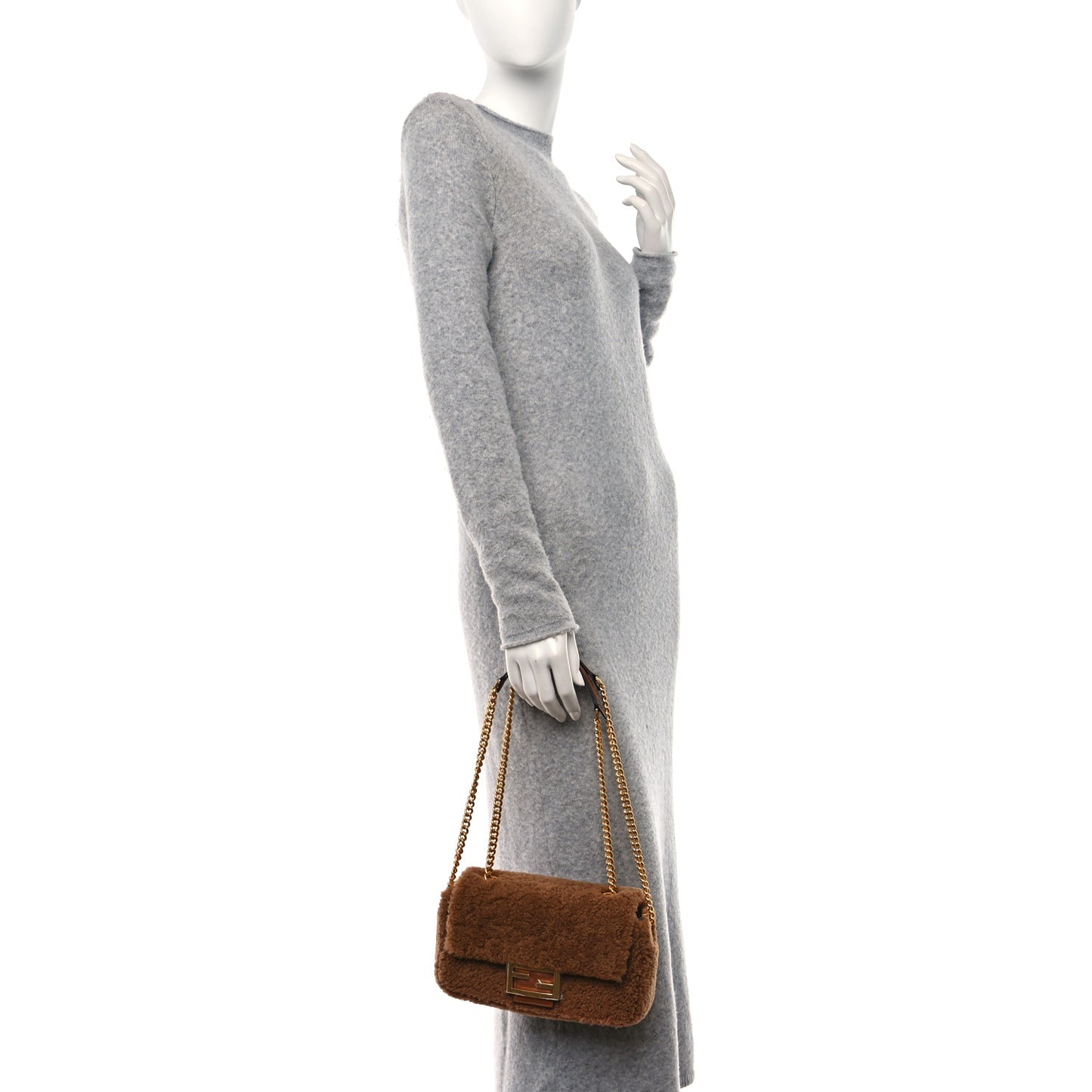 Shearling Lambskin Midi Chain Baguette Caramello