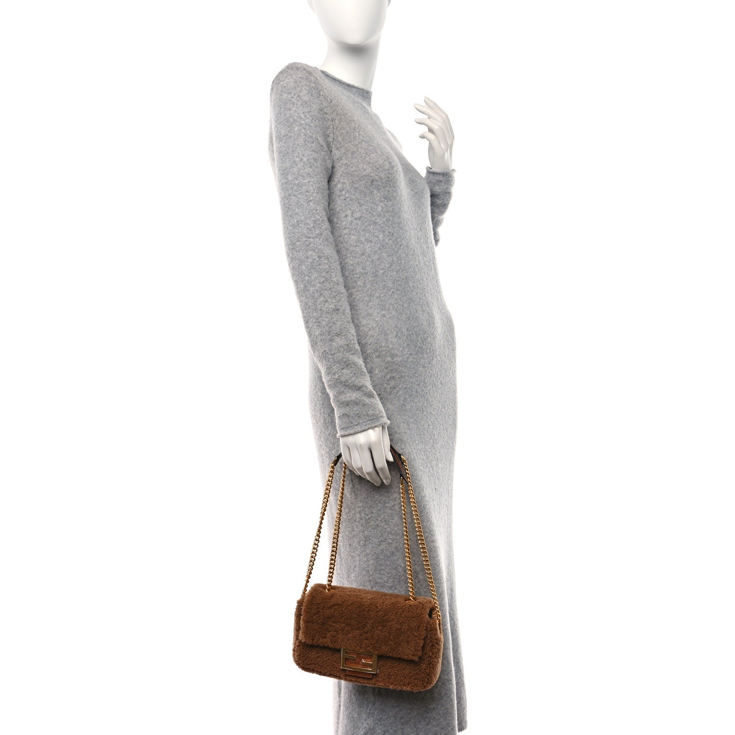Fendi Shearling Lambskin Midi Chain Baguette Caramello 2 of 10