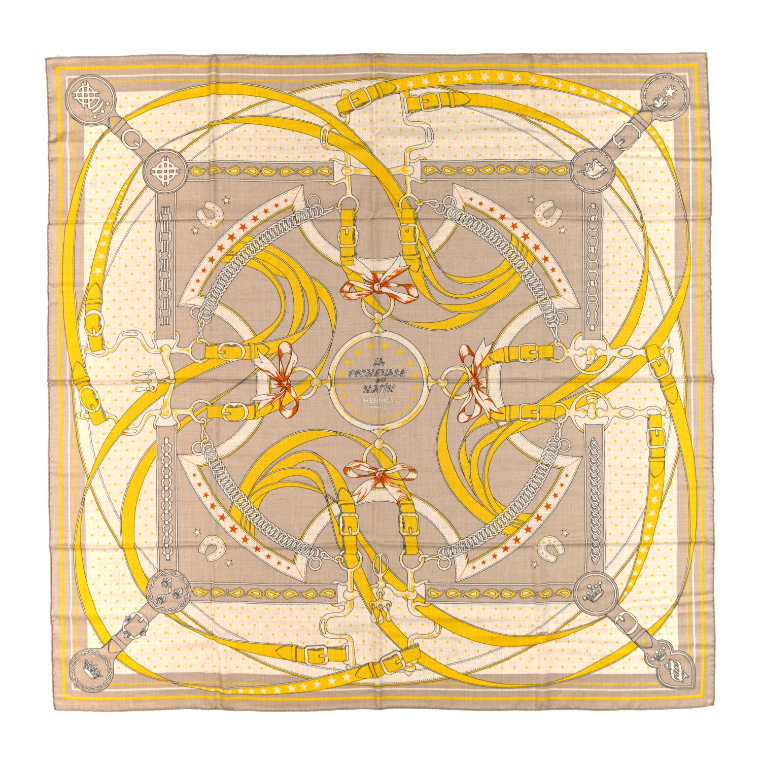 Hermes Cashmere Silk La Promenade du Matin Bandana Shawl 140 Naturel Beige Jaune Vif 1 of 3