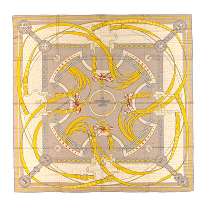 Hermes Cashmere Silk La Promenade du Matin Bandana Shawl 140 Naturel Beige Jaune Vif 1 of 3