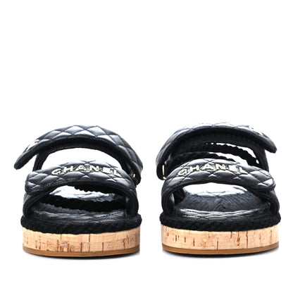 Chanel Cord Lambskin Quilted Logo Sandals 38 Black 2 of 9