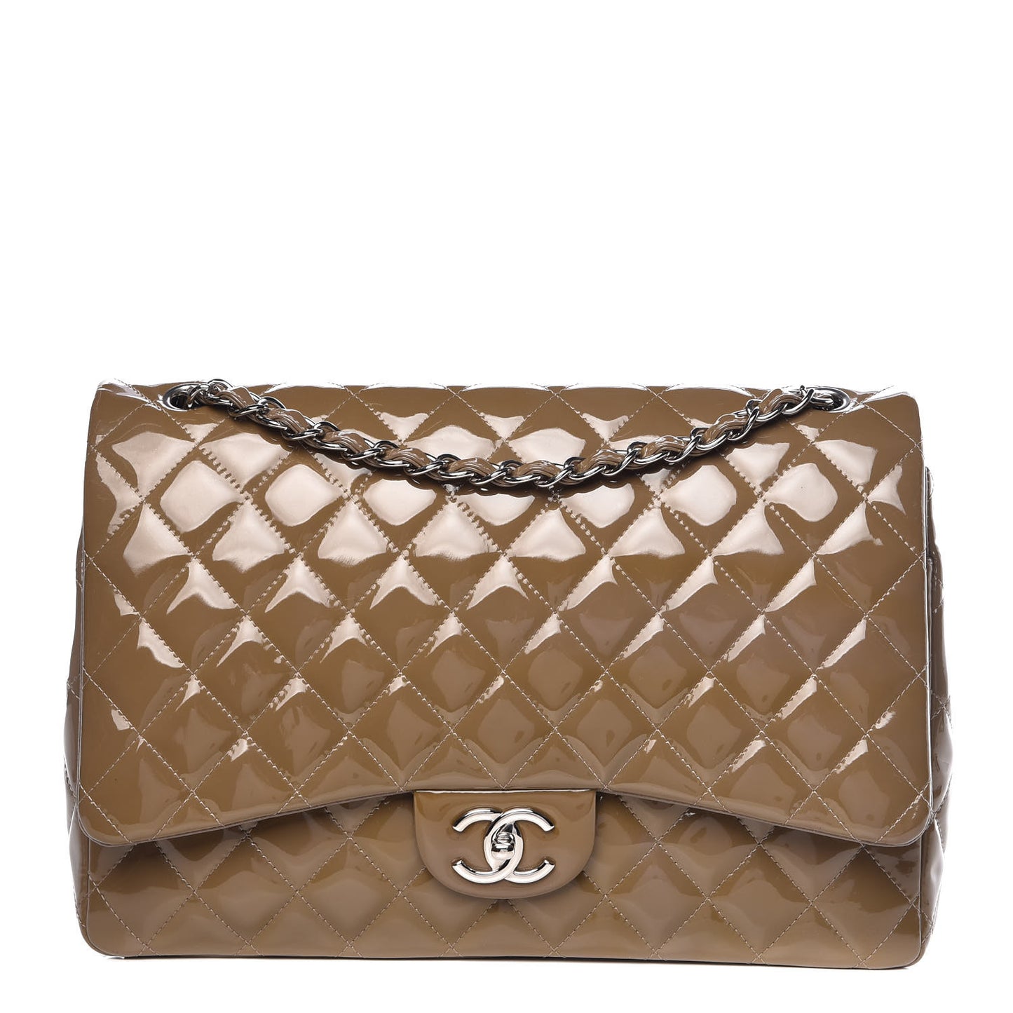 Patent Calfskin Quilted Maxi Double Flap Grey