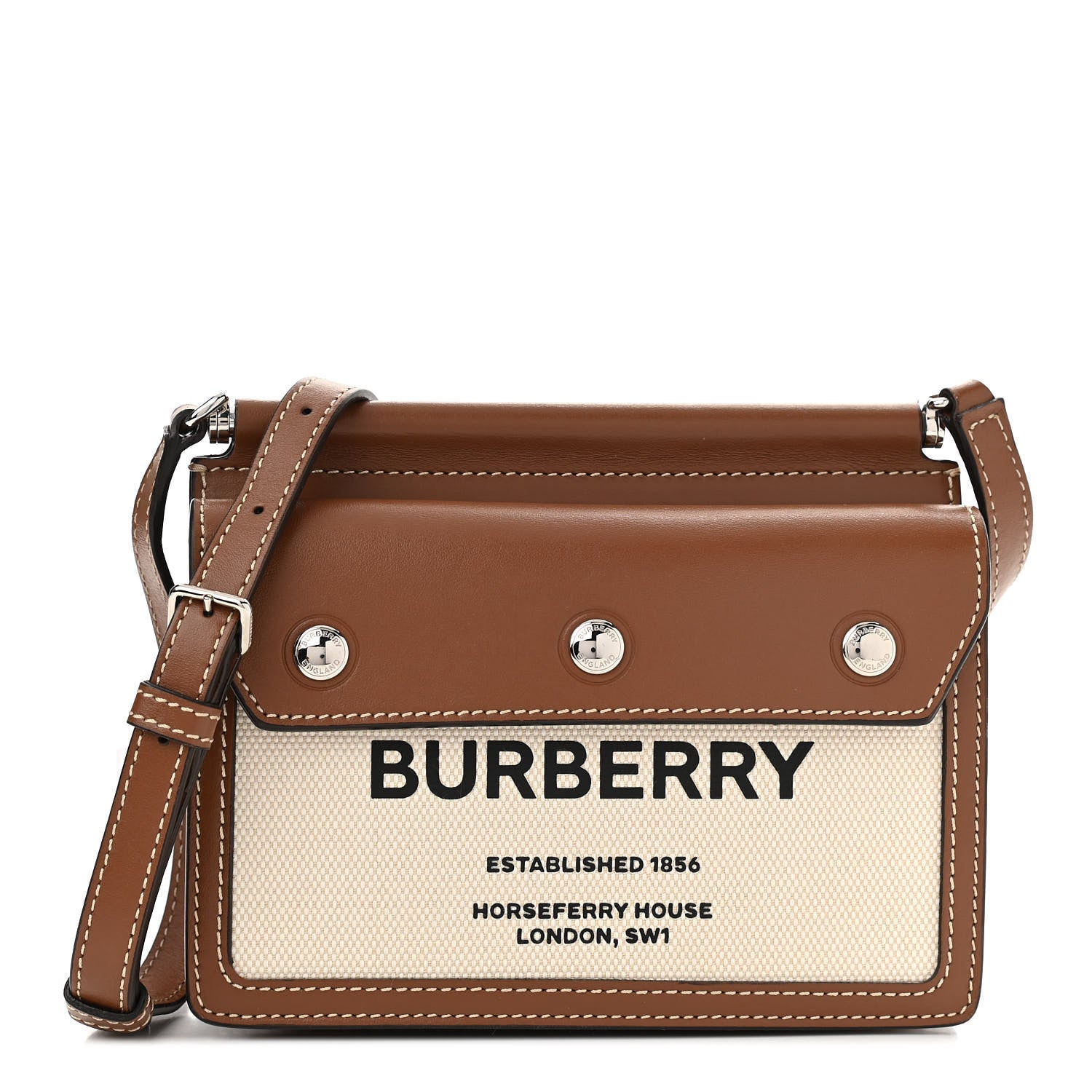 Burberry Smooth Calfskin Canvas Horseferry Print Mini Title Bag with Pocket Natural Malt Brown 1 of 10