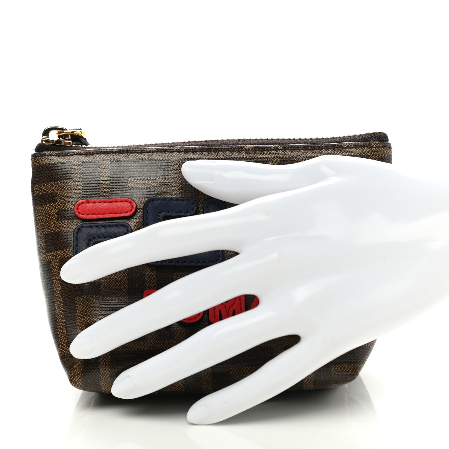 Fendi X FILA Glazed Fabric Vitello Century FF 1974 Mania Beauty Pouch Mogano Panna Blueberry 2 of 8