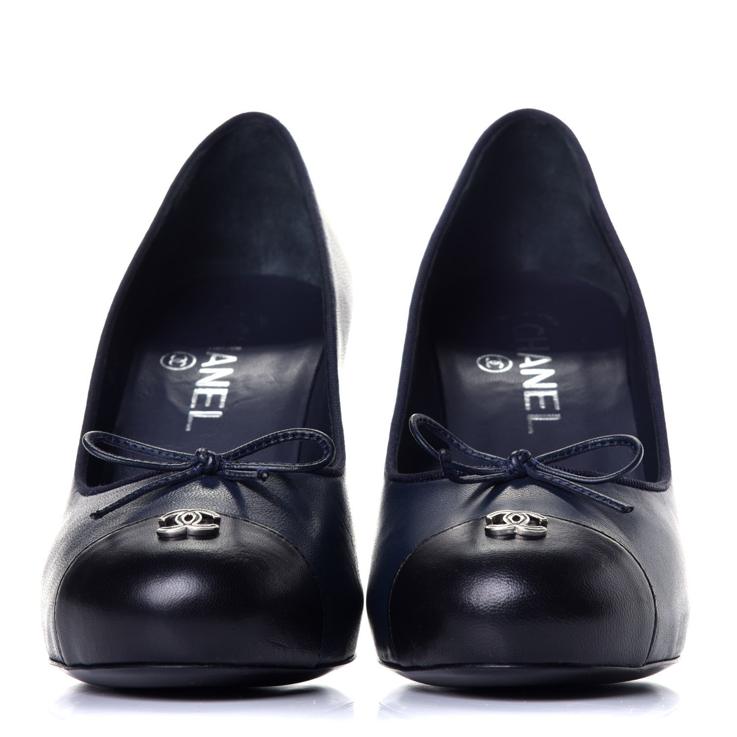 Chanel Lambskin Bow Cap Toe CC Pumps 37 Navy Black 2 of 8