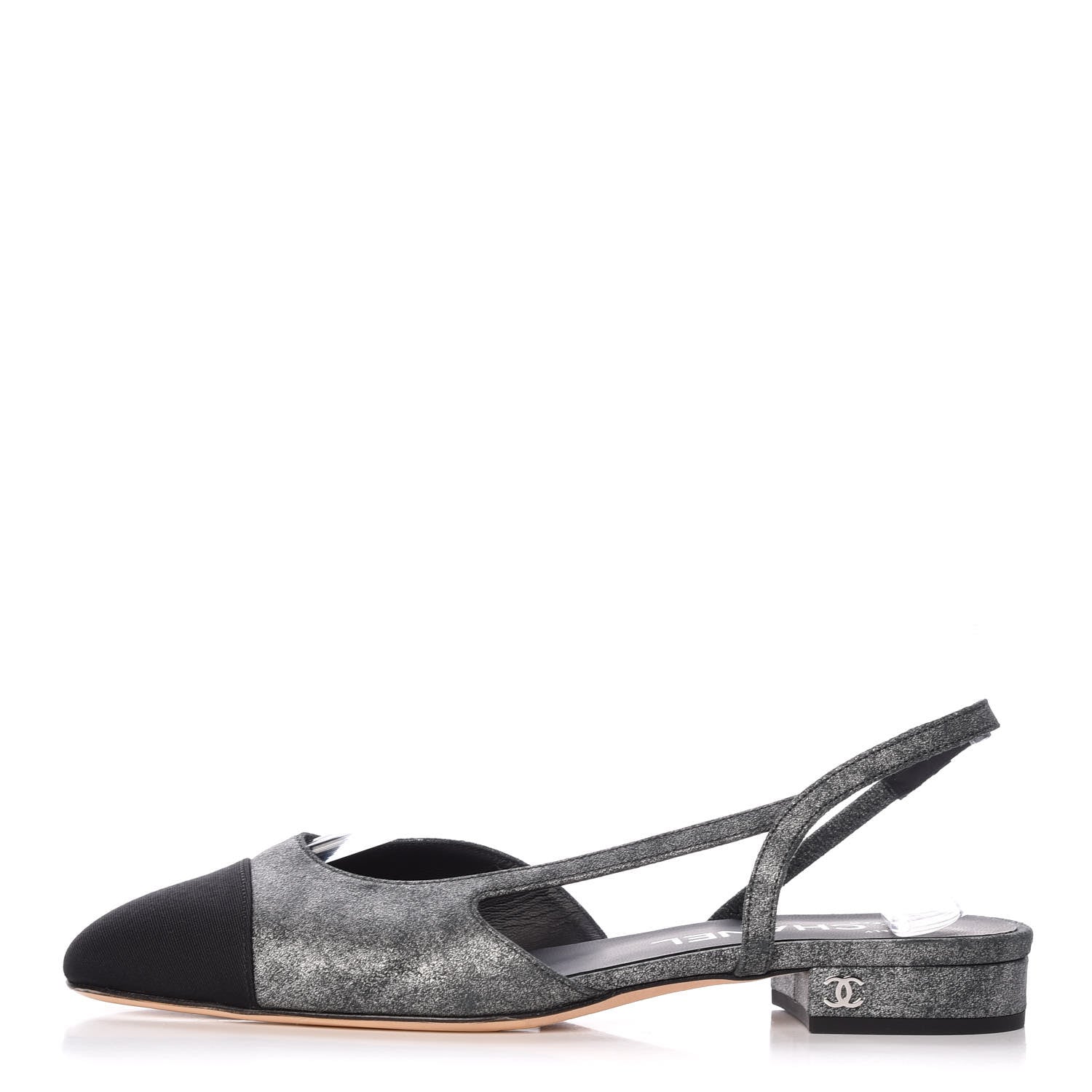 Chanel Metallic Lambskin Grosgrain Cap Toe CC Slingback Flats 37 Black Grey 1 of 10