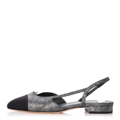 Chanel Metallic Lambskin Grosgrain Cap Toe CC Slingback Flats 37 Black Grey 1 of 10