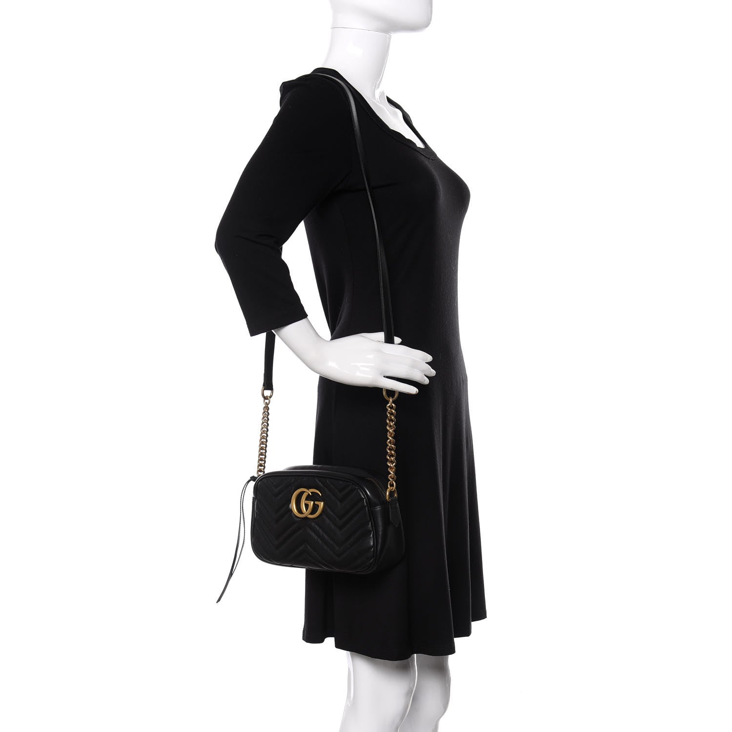 Gucci Calfskin Matelasse Small GG Marmont Chain Shoulder Bag Black 2 of 12