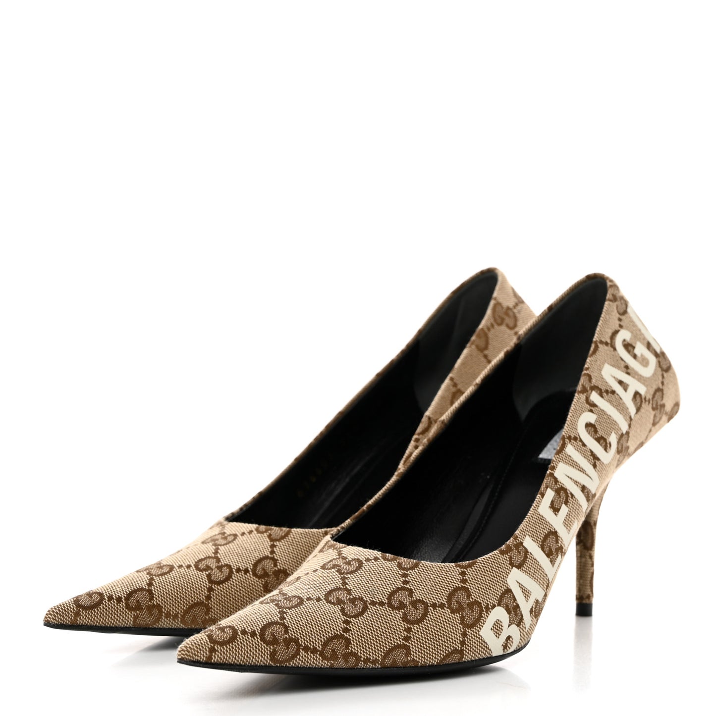 X GUCCI GG Monogram Square Knife 80mm Pumps 37.5 Beige Ebony