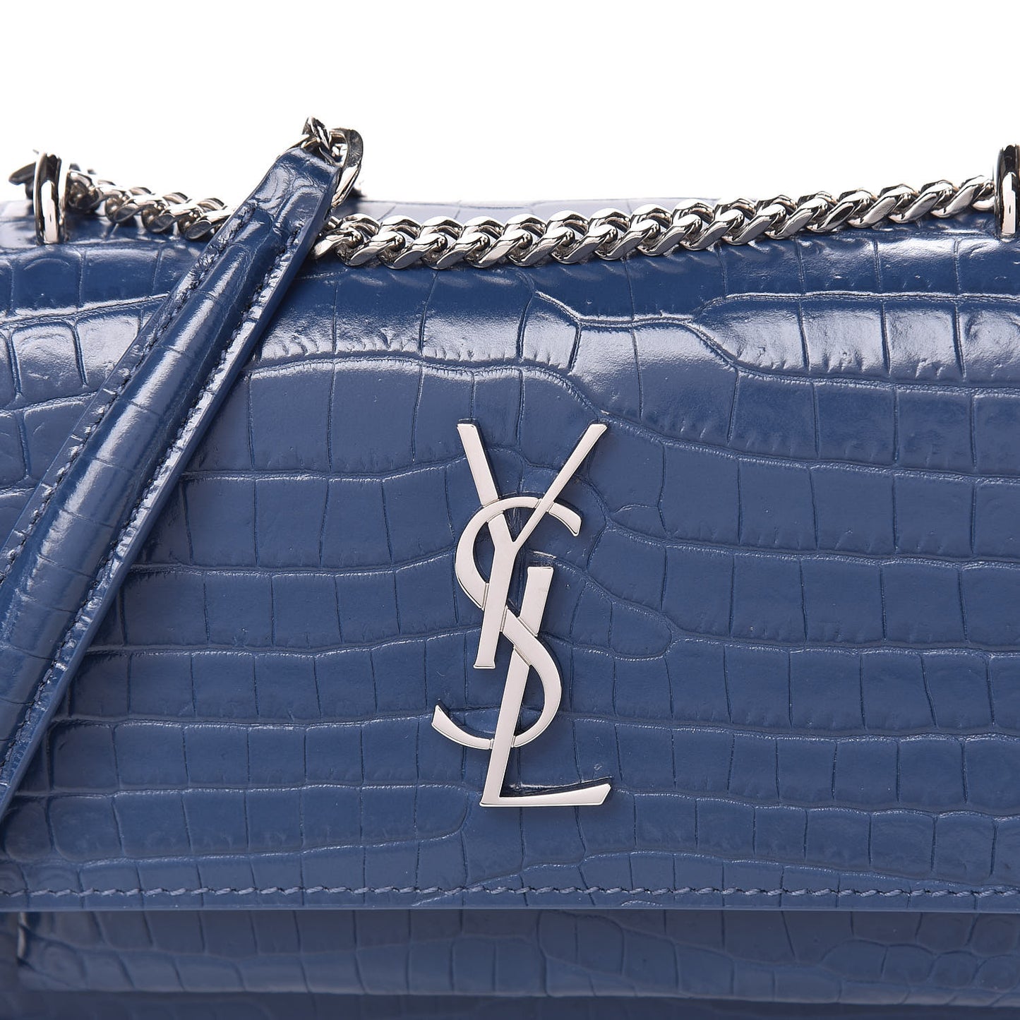 Calfskin Crocodile Embossed Monogram Sunset Chain Wallet Denim