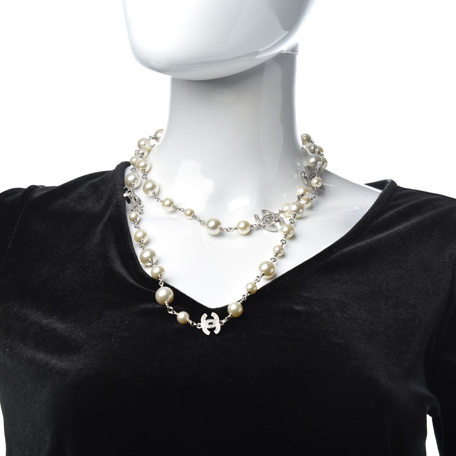 Chanel Crystal Pearl CC Long Necklace Silver 2 of 5