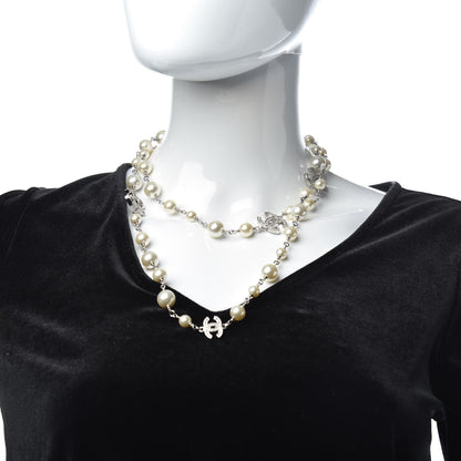 Chanel Crystal Pearl CC Long Necklace Silver 2 of 5