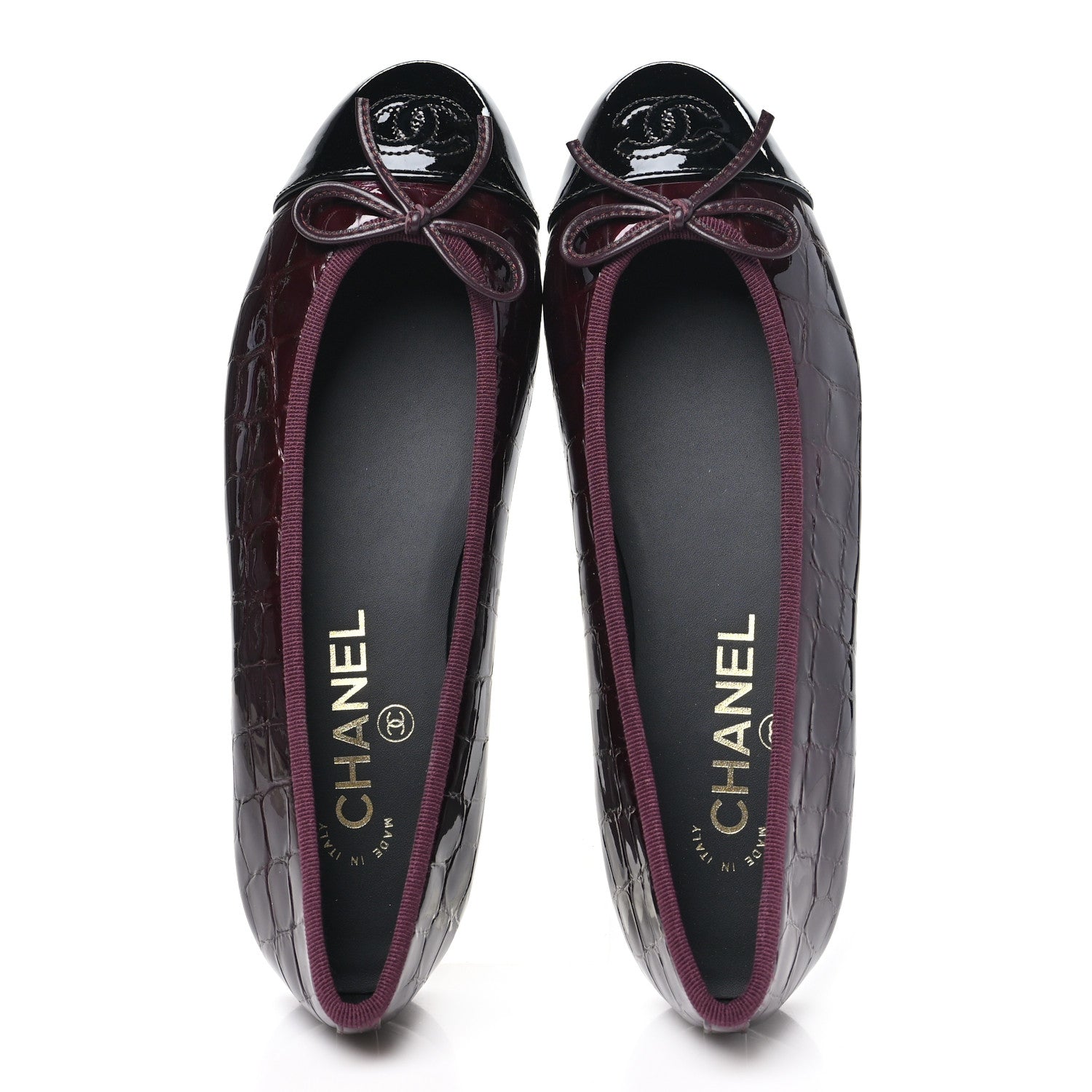 Chanel Patent Calfskin Crocodile Embossed Ballerina Flats 37 Dark Burgundy Black 2 of 9