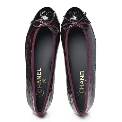 Chanel Patent Calfskin Crocodile Embossed Ballerina Flats 37 Dark Burgundy Black 2 of 9
