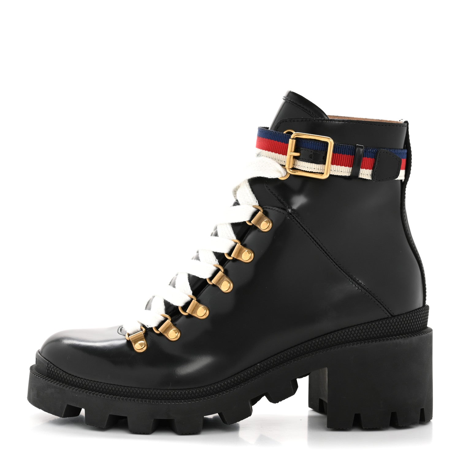 Gucci Calfskin Sylvie Web Womens Lace Up Combat Boots 38 Black 1 of 11