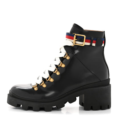 Gucci Calfskin Sylvie Web Womens Lace Up Combat Boots 38 Black 1 of 11