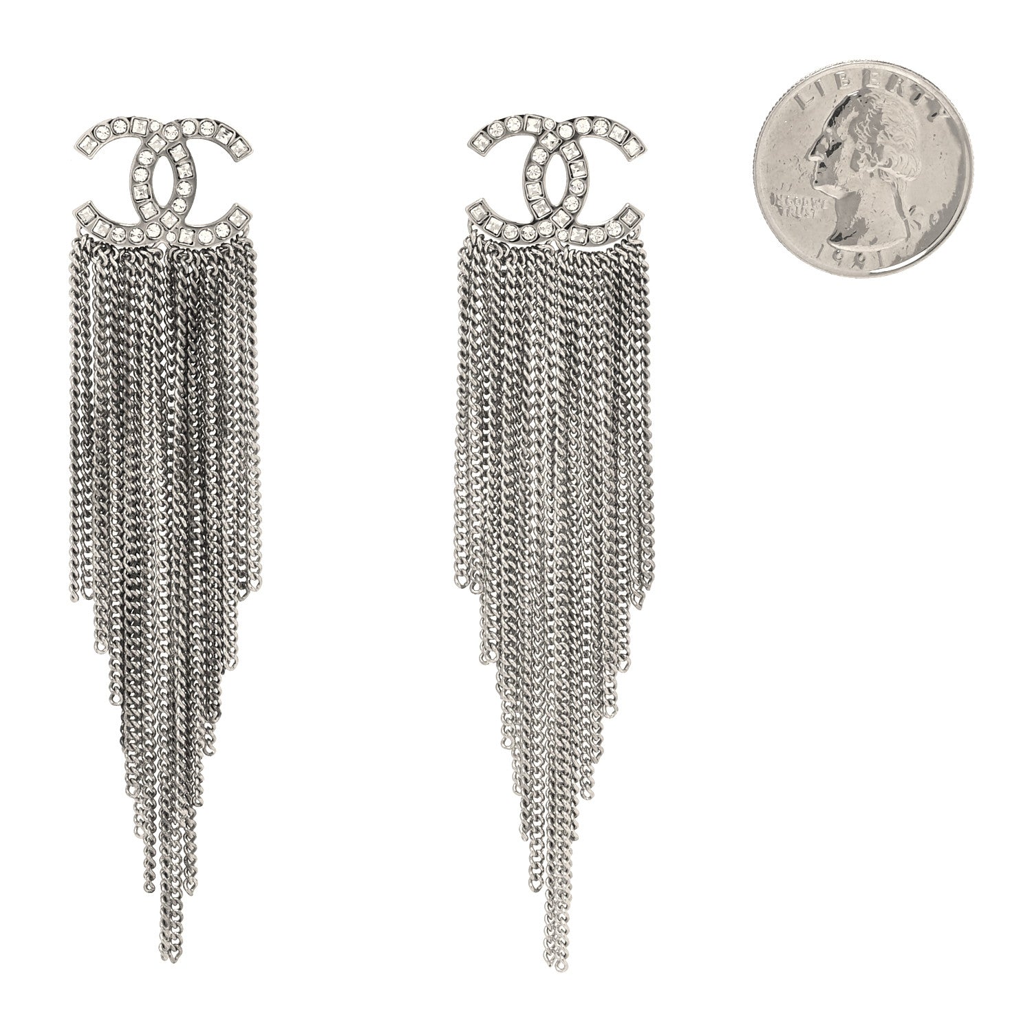 Chanel Baguette Crystal CC Chain Drop Earrings Silver 2 of 5