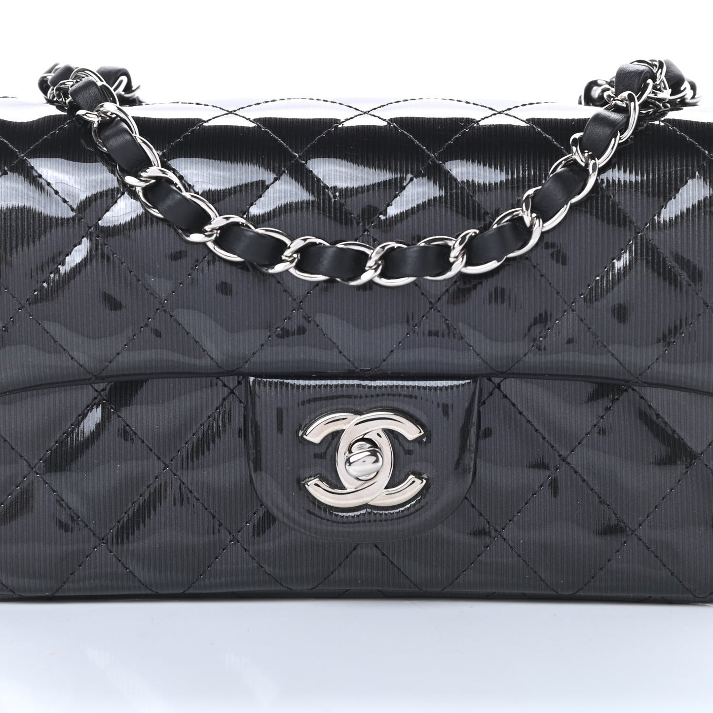 Striated Patent Calfskin Quilted Mini Rectangular Flap Black