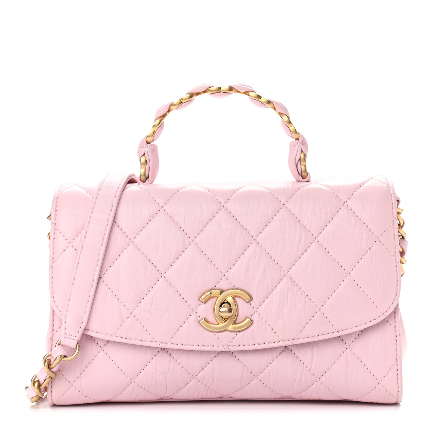 Crumpled Lambskin Quilted Small CC Links Top Handle Flap Light Pink
