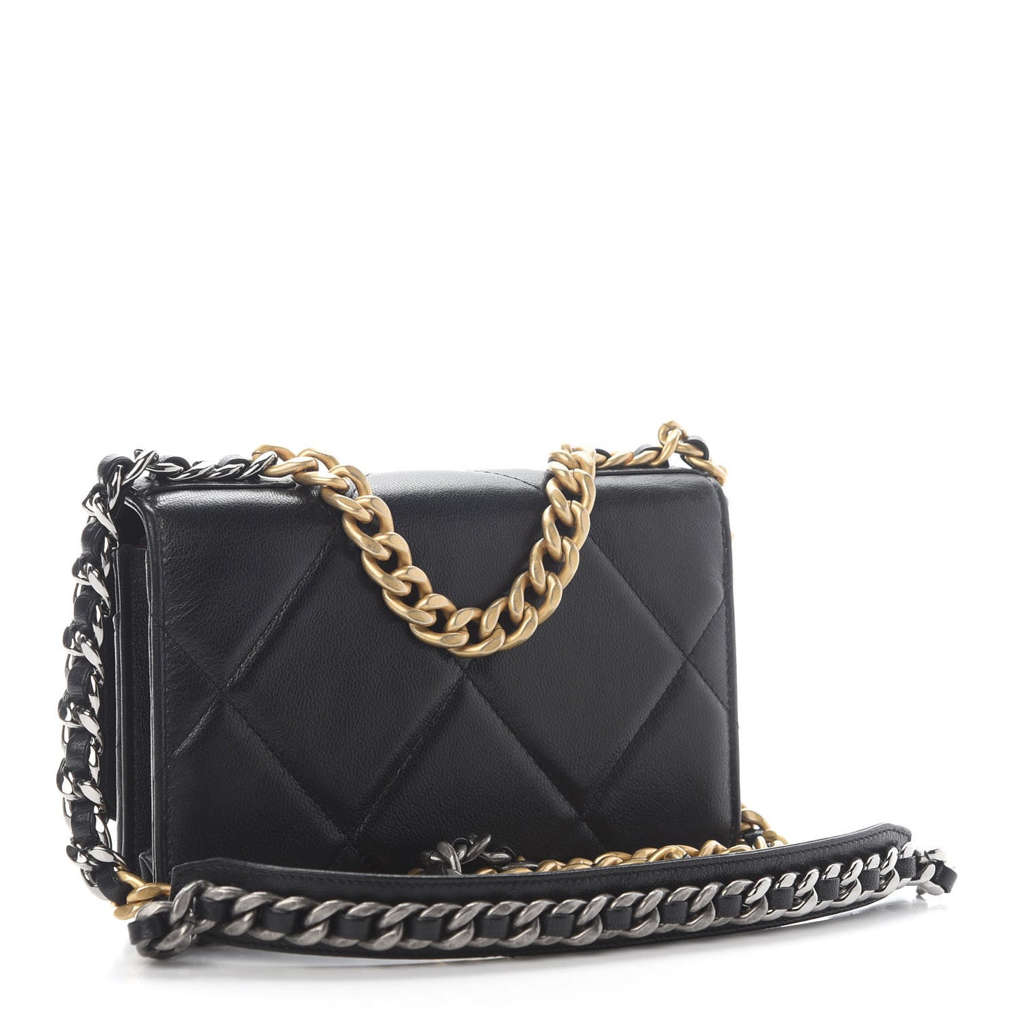 Shiny Goatskin Quilted Chanel 19 Wallet On Chain WOC Black