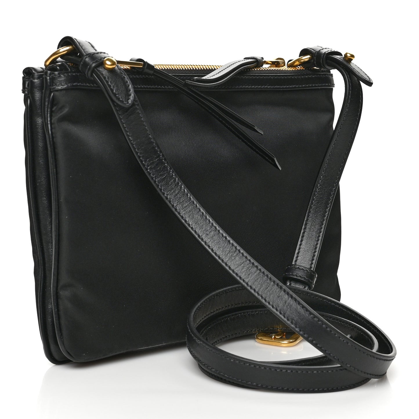 Tessuto Nylon Soft Calf Double Zip Crossbody Bag Black