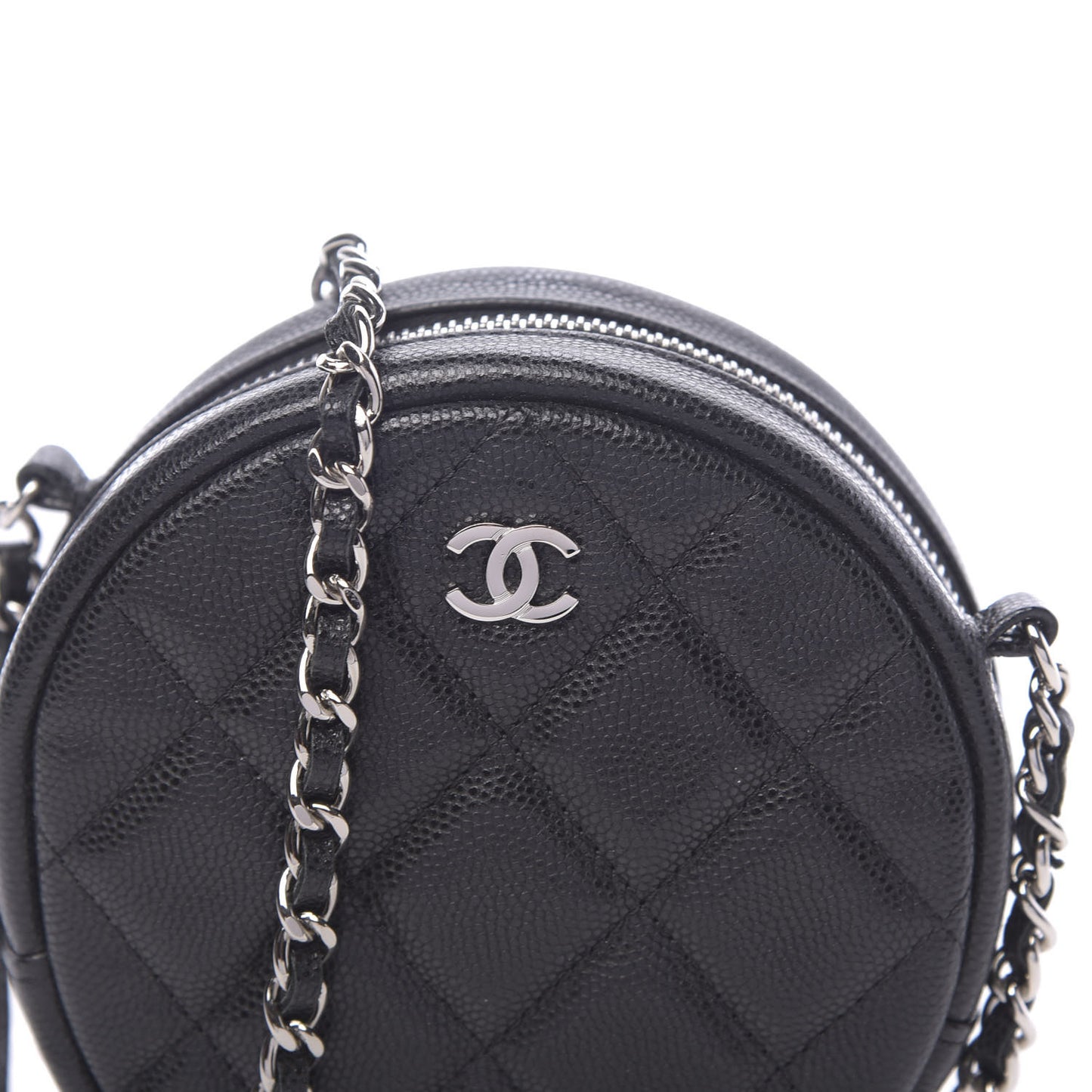 Caviar Quilted Round Clutch With Chain Black