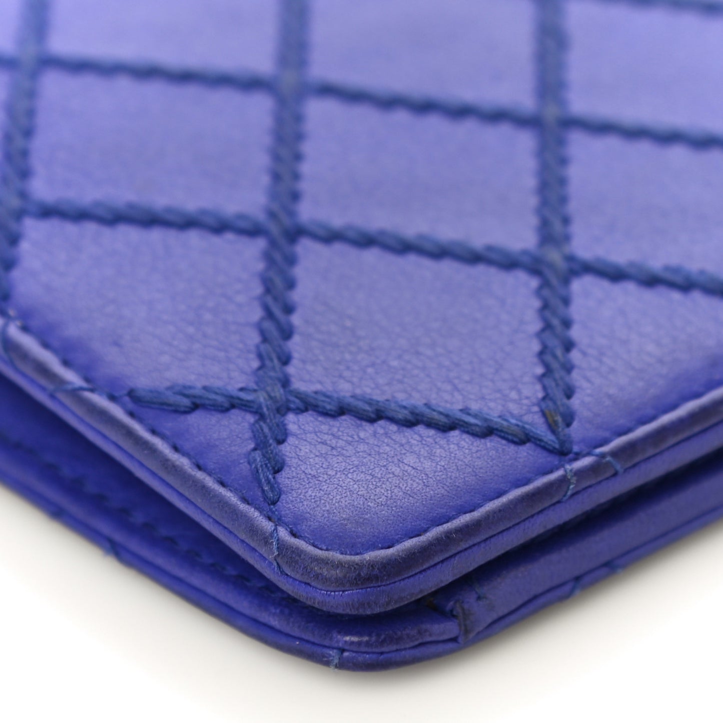 Calfskin Stitched Fancy CC Yen Wallet Blue