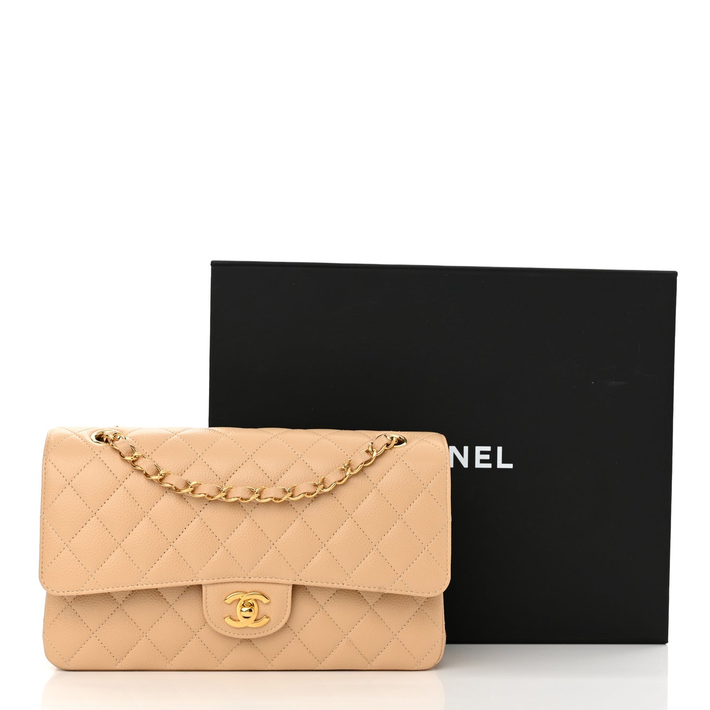 Caviar Quilted Medium Double Flap Beige Clair
