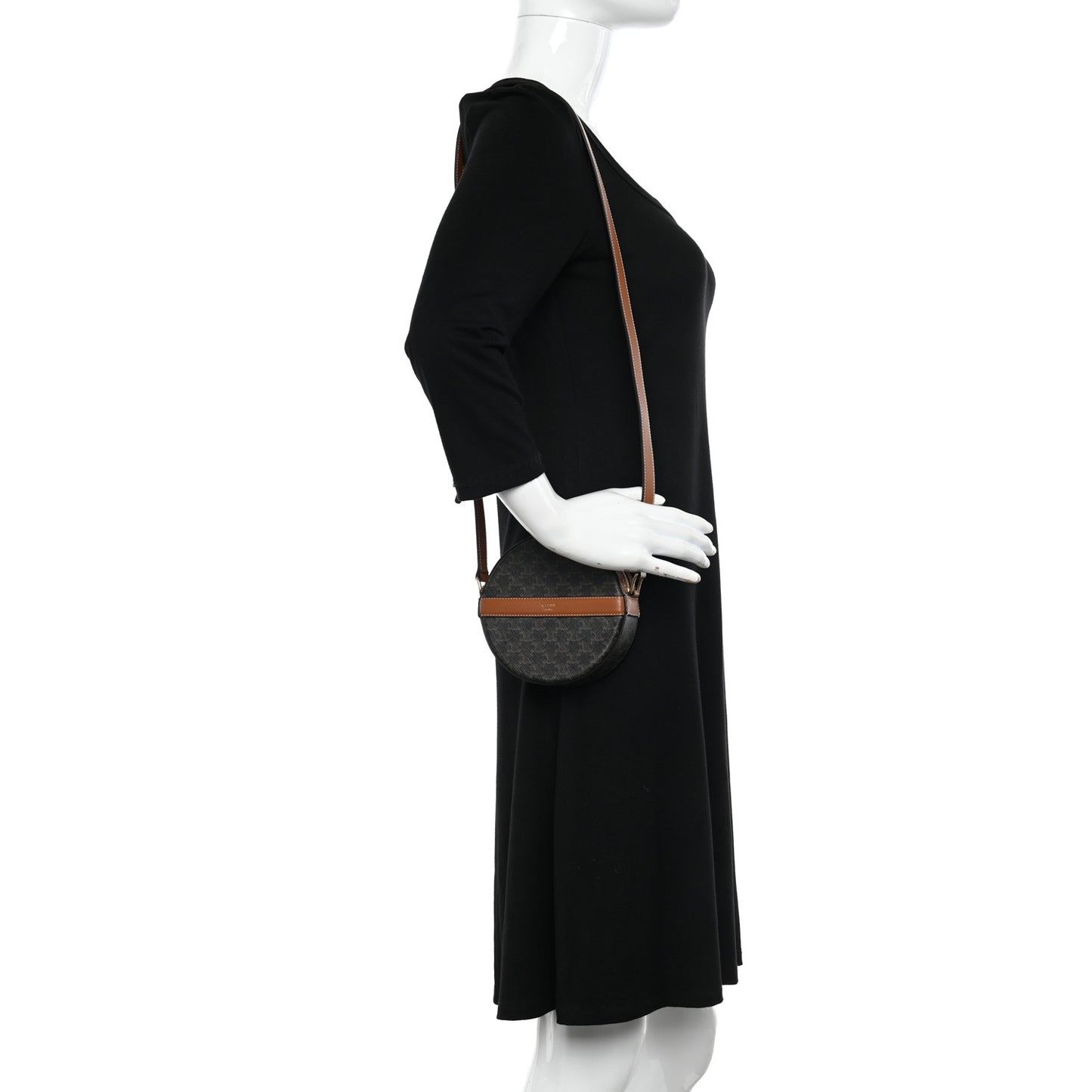 Lambskin Triomphe Canvas Round Purse On Strap Black Tan