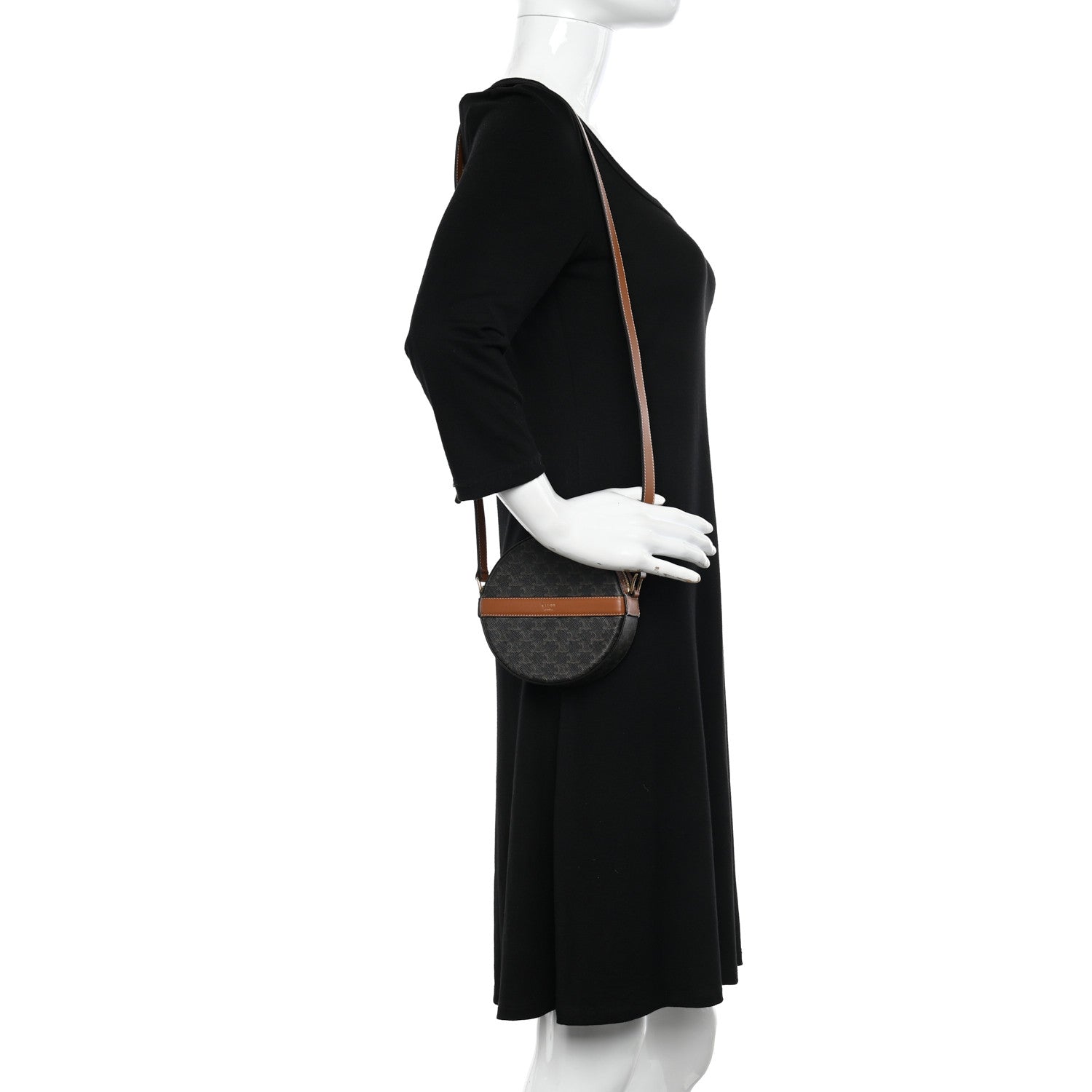 Celine Lambskin Triomphe Canvas Round Purse On Strap Black Tan 2 of 11
