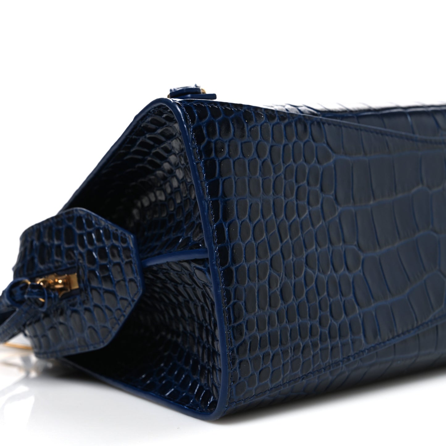 Shiny Supple Calfskin Crocodile Embossed Neo Classic Gold Hardware S City Navy
