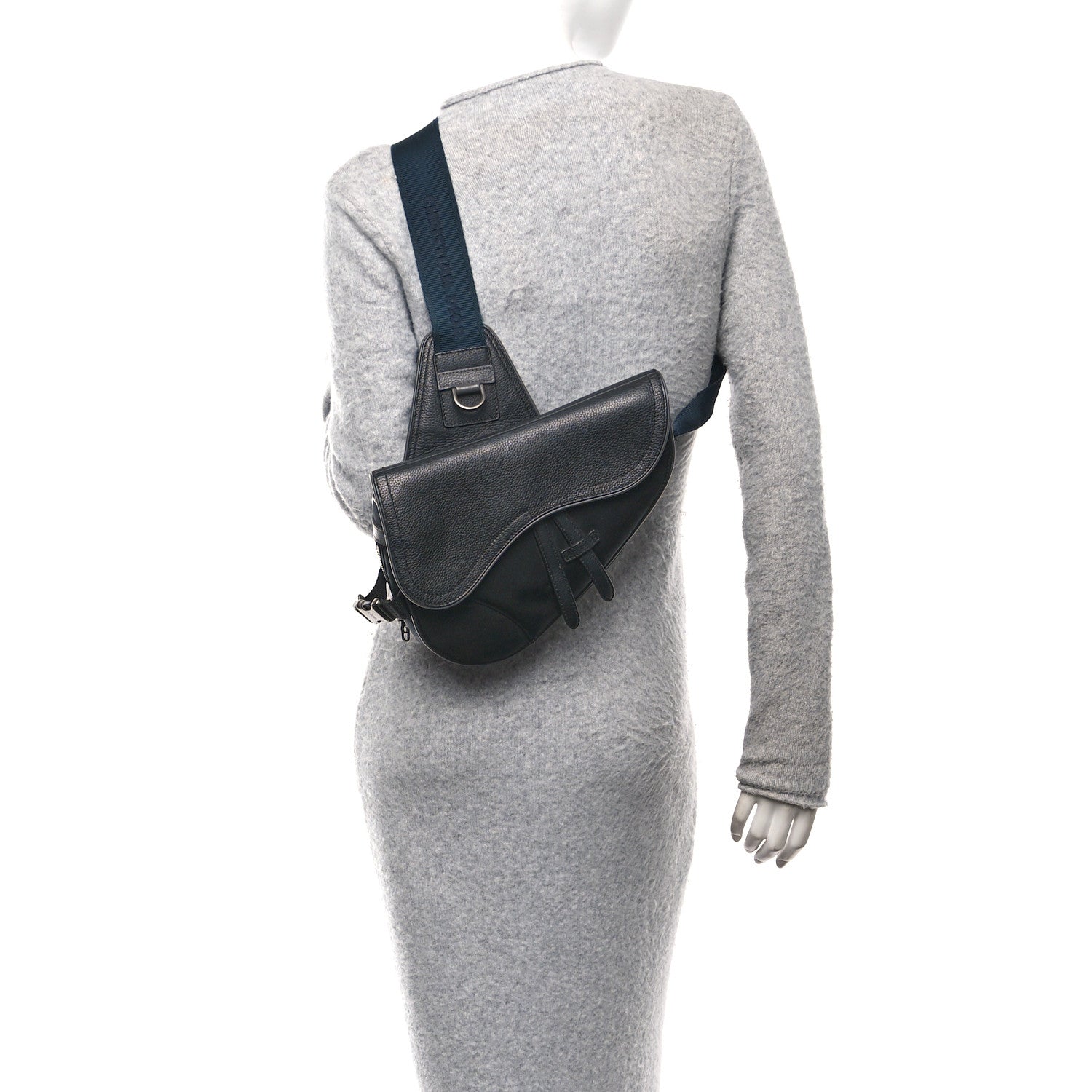 Christian Dior X Sacai Grained Calfskin Technical Fabric Mens Saddle Bag Black 2 of 9