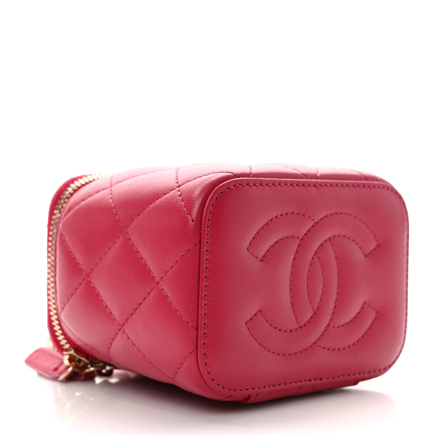 Lambskin Quilted Mini Top Handle Vanity Case With Chain Dark Pink