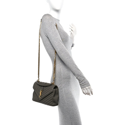Saint Laurent Sheepskin Matelasse Chevron Monogram Medium College Bag Grey Kaki 2 of 10