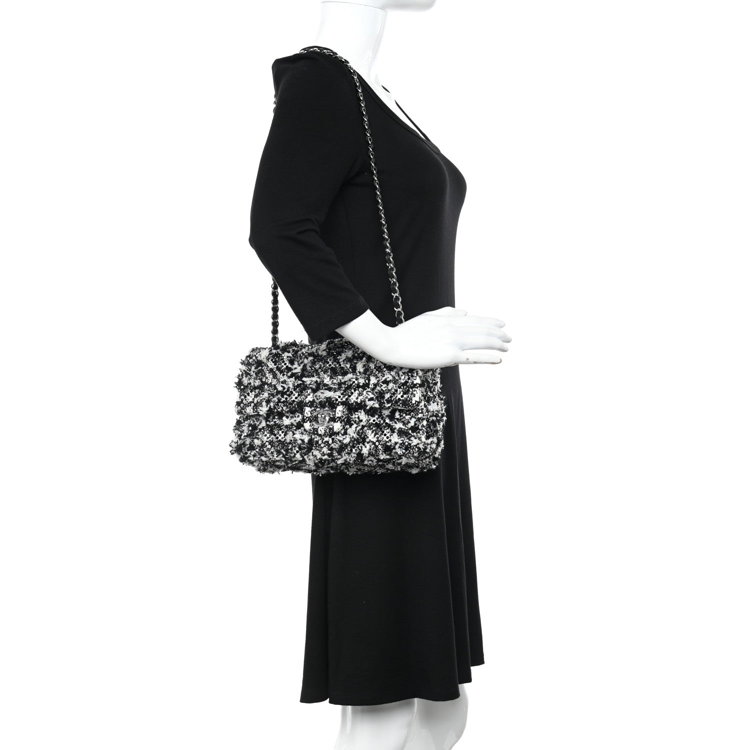 Chanel Crystal Tweed Quilted Medium Double Flap Black Ecru White 2 of 10