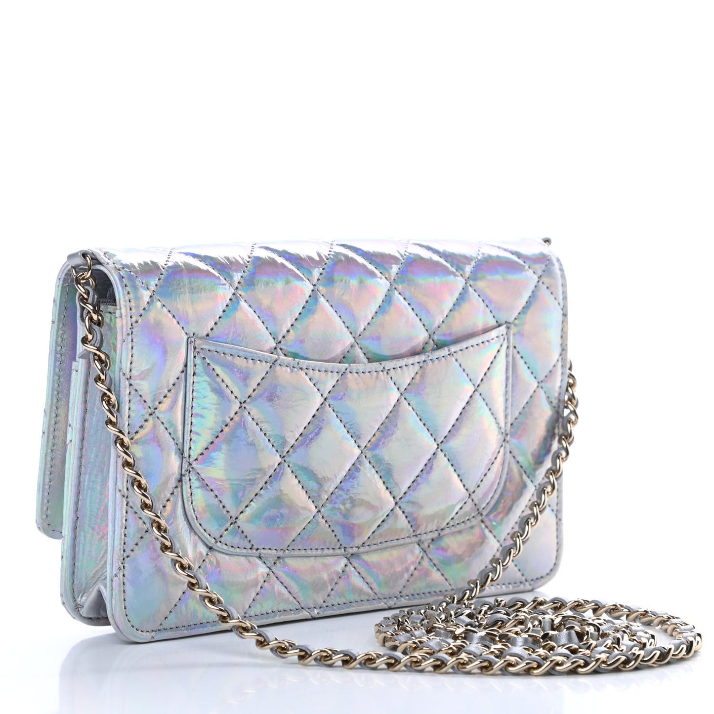 Iridescent Goatskin Quilted Wallet On Chain WOC Silver