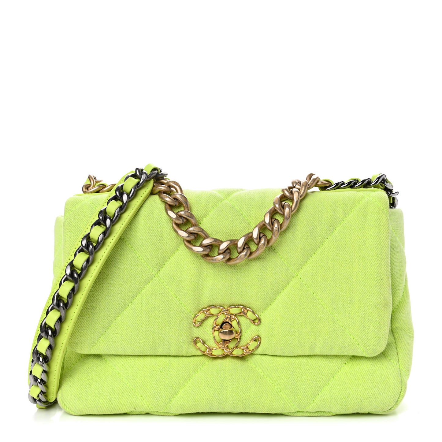 Denim Quilted Medium Chanel 19 Flap Neon Green