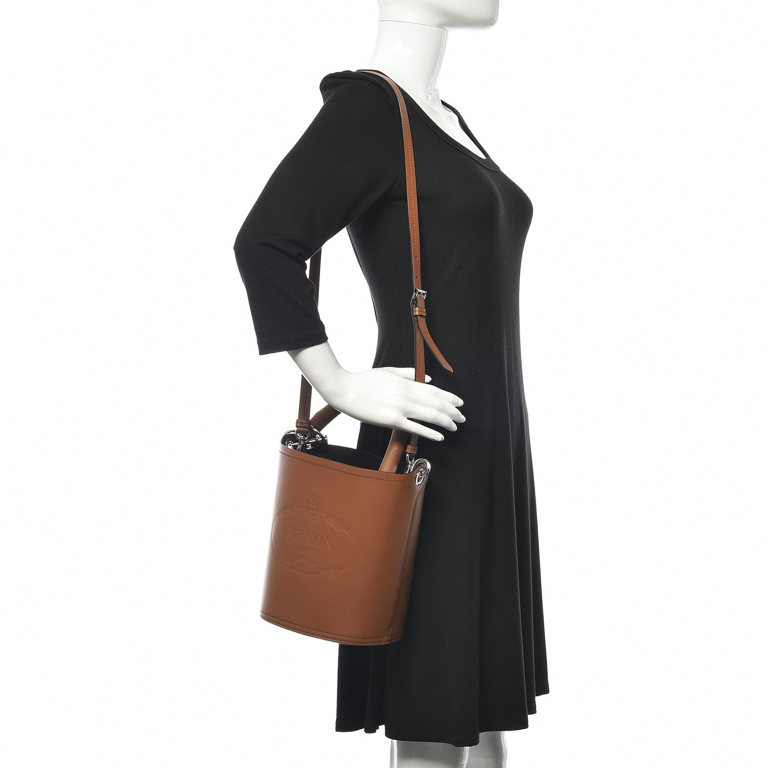 Prada City Calfskin Tambour Bucket Bag Cognac Black 2 of 10