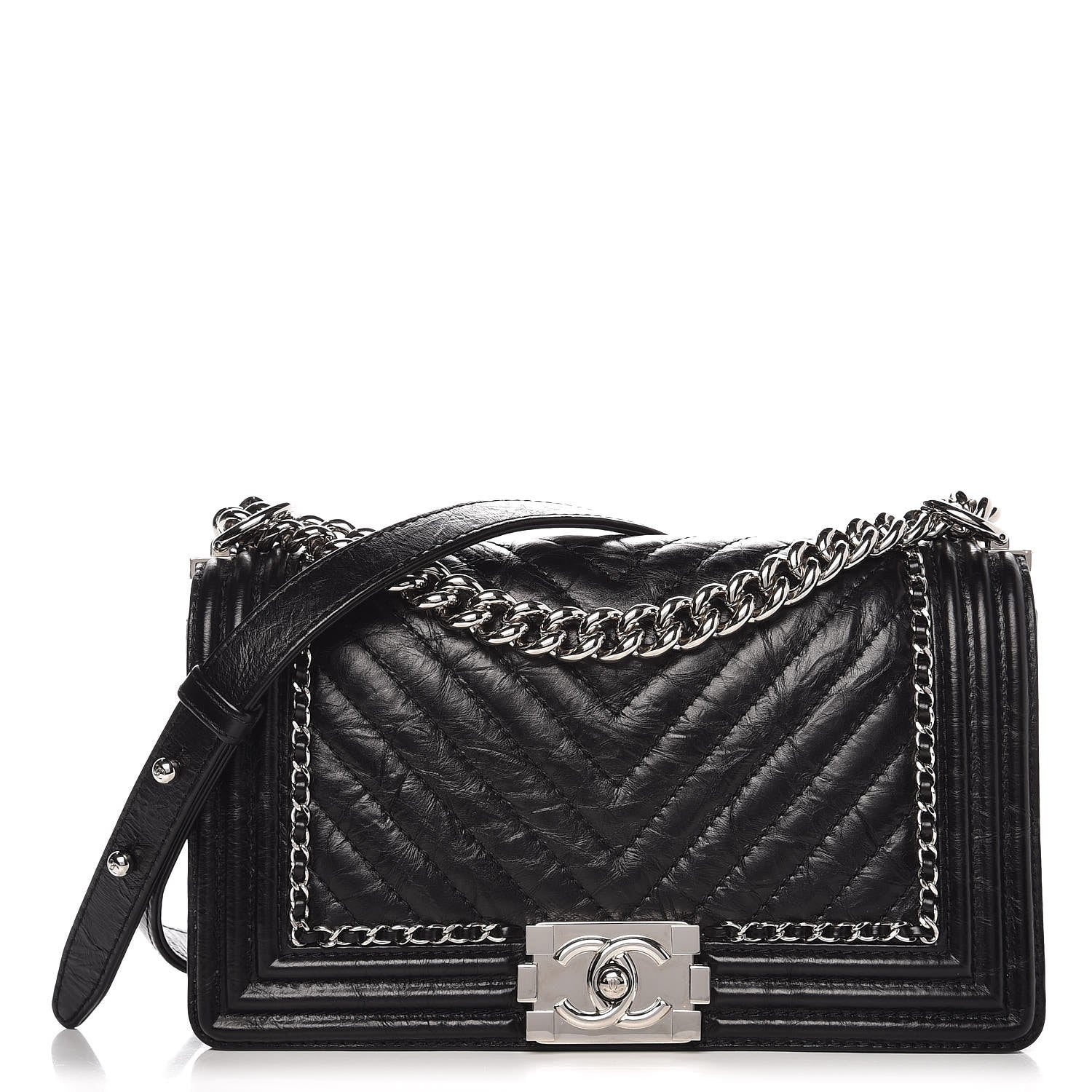 Chanel Aged Calfskin Chevron Quilted Medium Jacket Boy Flap Black 1 of 7