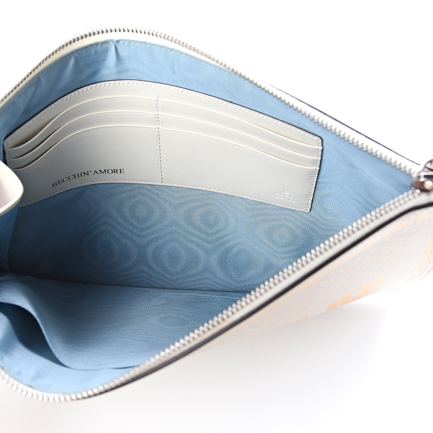 X SEGA Calfskin GUCCY Stars Zip Wristlet Pouch Mystic White Gold