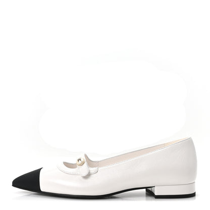 Chanel Shiny Lambskin Grosgrain Pearl Mary Janes Flats 36 White Black 1 of 10